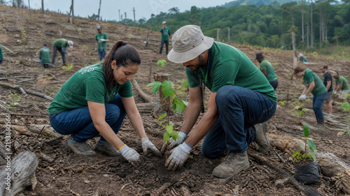 Environmental volunteers planting trees in deforested area, reforestation project with group of people, ecological restoration and conservation