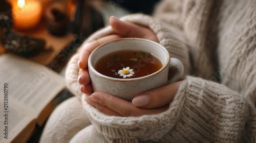 Cozy chamomile tea in ceramic mug, woman holding hot herbal drink in knitted sweater, hygge lifestyle and wellness concept