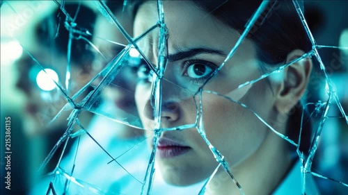 A woman with a serious expression and determination in her eyes looks forward through broken glass.
