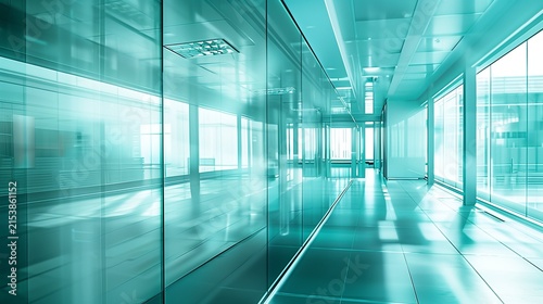 Modern office abstract, layered glass reflections, soft cyan gradient.