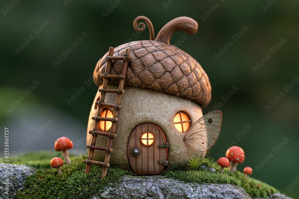 Fototapeta premium Whimsical Acorn House with Ladder and Butterfly Wings, Enchanted Forest Dwelling