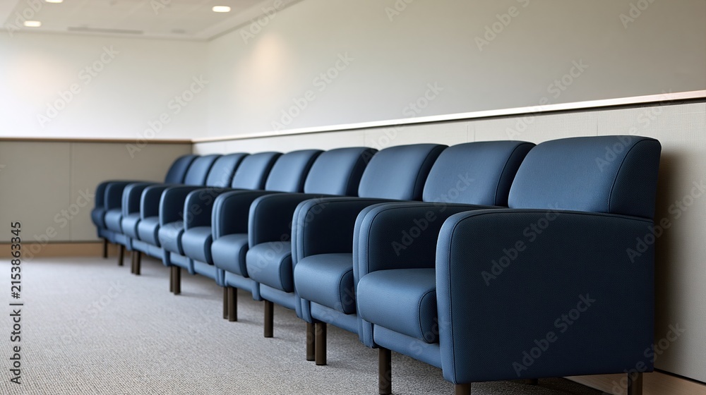 Fototapeta premium Row of comfortable modern blue waiting room chairs providing seating in a clean, well-lit office or reception area