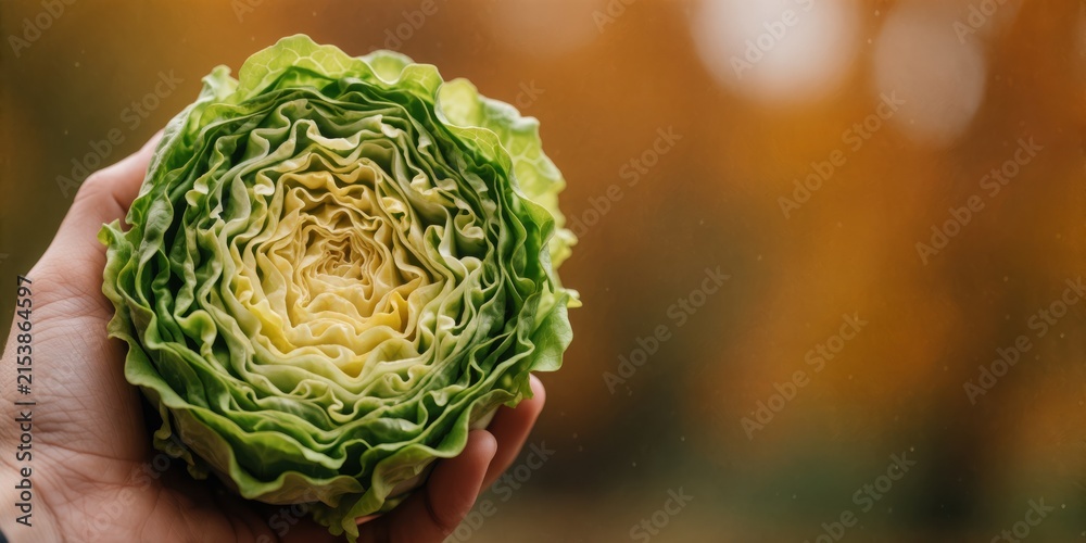Obraz premium Fresh halved head of crisp green lettuce held in hand showcasing intricate layers for healthy eating and culinary concepts