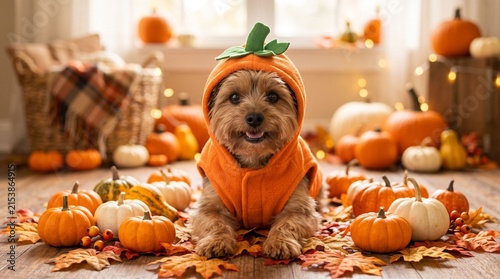 Cute small dog dressed in pumpkin costume lying on leaves