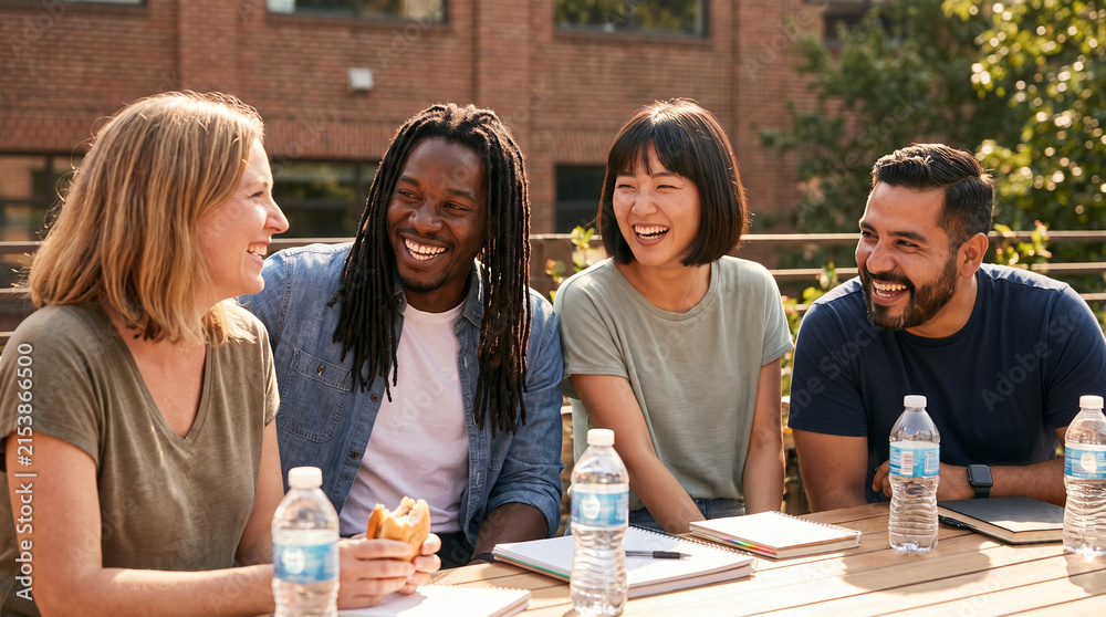 Obraz premium Diverse friends laughing together during outdoor lunch break