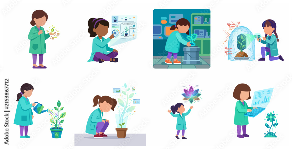 Fototapeta premium Flat illustration set of young girl scientists exploring futuristic biotechnology and digital plant cultivation in a lab