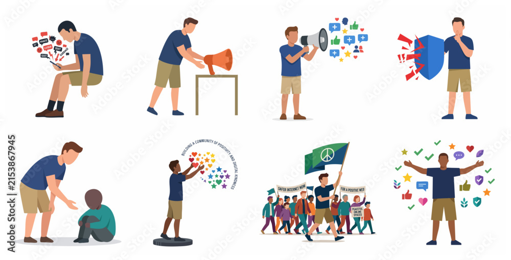 Fototapeta premium Digital Kindness and Cyberbullying Illustration Set Showing Online Safety, Social Media Positivity, and Harassment Prevention