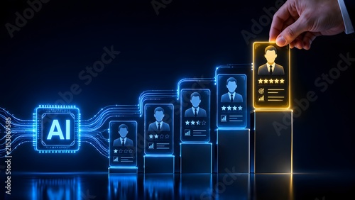 AI-powered talent acquisition process selecting the best candidate, demonstrating advanced human resources technology for efficient recruitment and workforce management.