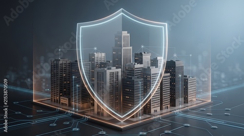 Cybersecurity shield protecting urban infrastructure with digital circuit board representing smart city data protection