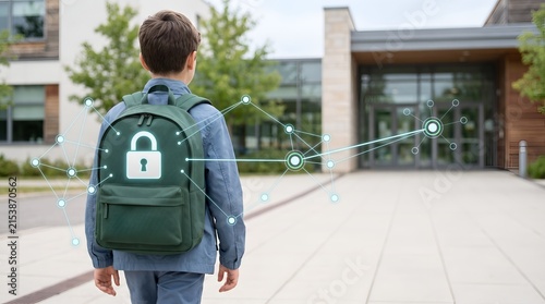 Student data privacy and school cybersecurity concept featuring digital padlock on child backpack for educational technology protection