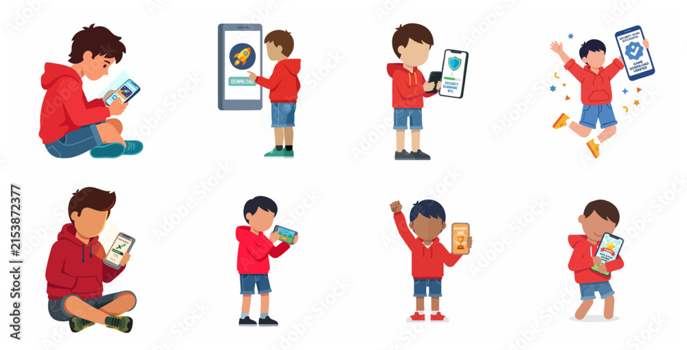 Fototapeta premium Vector illustration set of a young boy character using a smartphone for gaming, downloading apps, and mobile security.