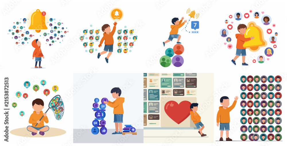 Fototapeta premium Vector illustration set of a young boy interacting with social media icons, notification bells, followers, and digital marketing concepts.