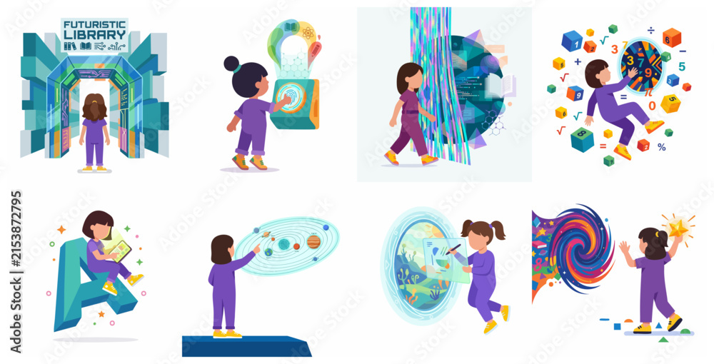 Fototapeta premium Vector Illustrations Set of a Young Girl Engaging with Futuristic Library and STEM Education Technology