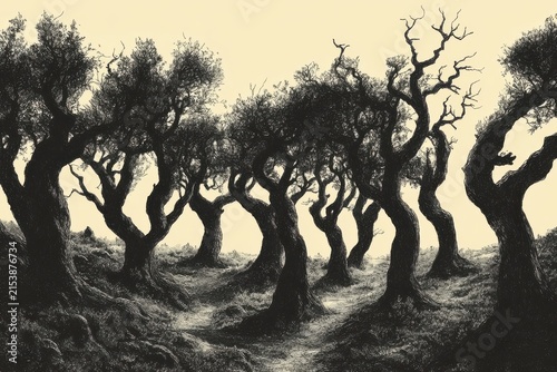 Hand Drawn Sketch of a Dark Forest with Gnarled Ancient Trees