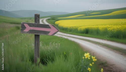 Quiet Countryside Journey Past Wooden Signpost and Golden Canola