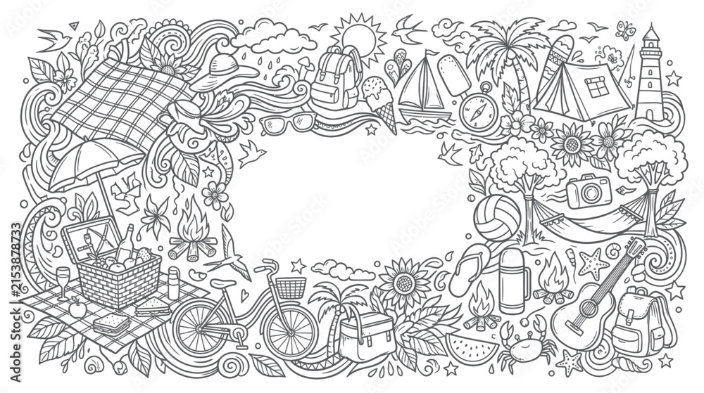 Fototapeta premium Doodle Summer Vacation and Outdoor Activities Collage