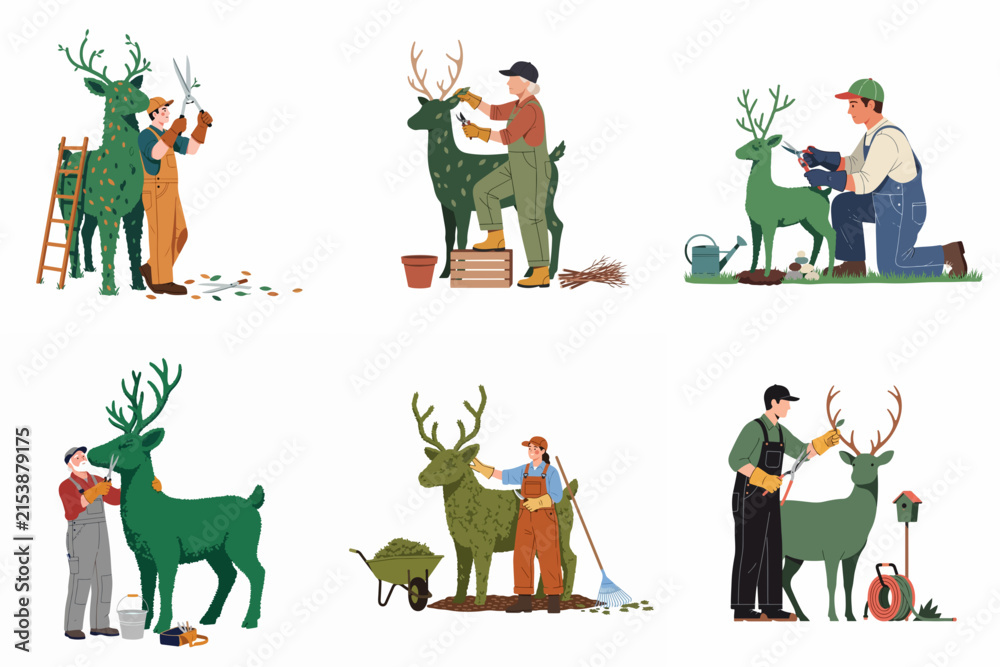 Fototapeta premium Set of Professional Gardeners Trimming and Sculpting Deer Shaped Topiary Bushes, Landscapers Maintaining Evergreen Shrub Animal Sculptures with Garden Tools Flat Vector Illustration Collection