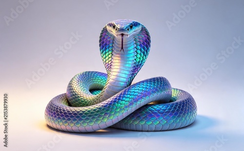 Colorful iridescent cobra snake in defensive pose on gradient background