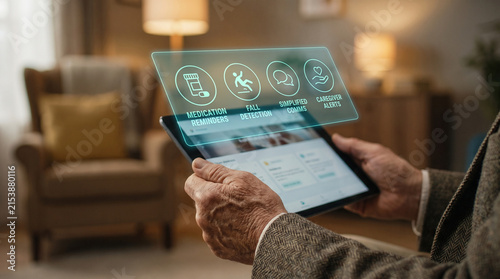Senior care technology interface on tablet held by elderly hands, featuring holographic icons for fall detection and medication reminders in a warm domestic interior.