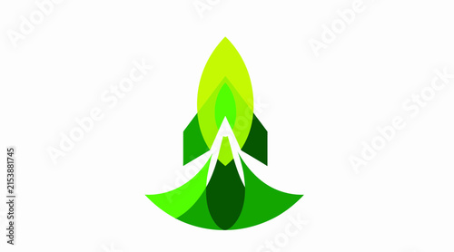 Green rocket ship launching upwards with stylized flames.