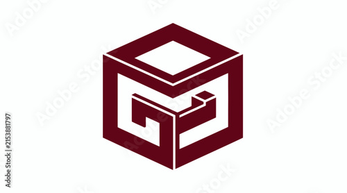 Maroon isometric cube logo with geometric lines.