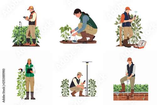Set of Agronomists and Agricultural Scientists Monitoring Crop Health and Testing Soil Quality in the Field, Smart Farming Technology and Precision Agriculture Vector Illustrations