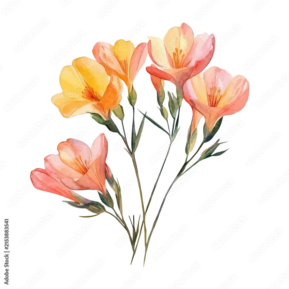 Fototapeta premium Freesia Branch, beautiful watercolor illustration with vivid colors and detailed vector style, isolated on a white background.
