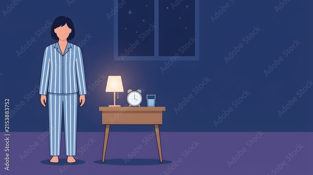 Fototapeta premium Insomnia at Midnight: A person in striped pajamas stands beside a nightstand with a glowing lamp, alarm clock, and a glass of water, under the starry night sky visible through a window.