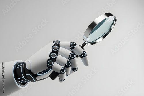 Robotic hand holding a magnifying glass examining data with magnifier, research