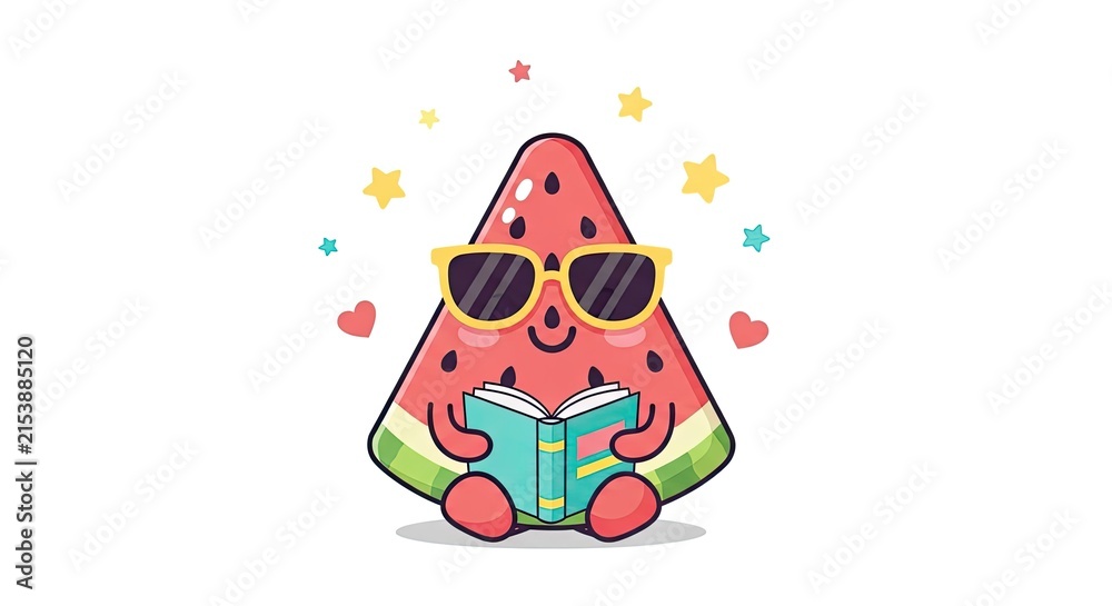 Naklejka premium Cute cartoon watermelon character reading a book with sunglasses and stars