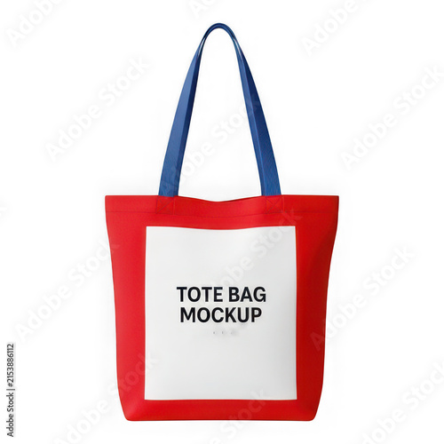 Red and blue tote bag with text slogan