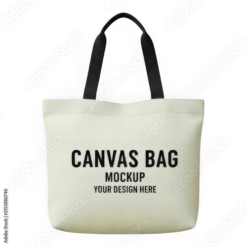 Plain white canvas tote bag with black text