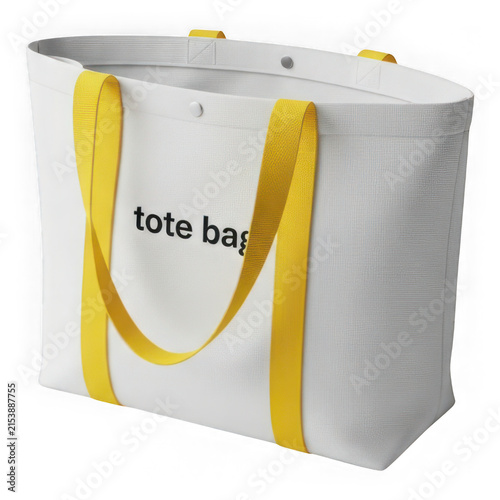 White tote bag with yellow handles standing upright