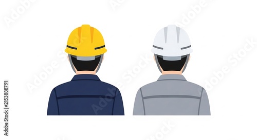 Construction safety and teamwork seen from back view