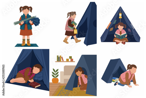 Bild auf Leinwand Little girl playing and reading in an indoor tent vector illustration set