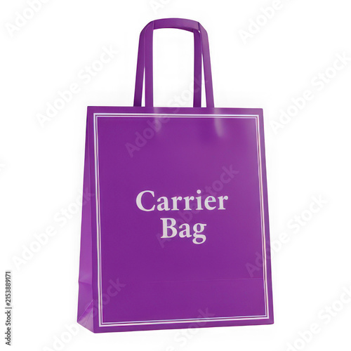 Purple carrier shopping bag with white text