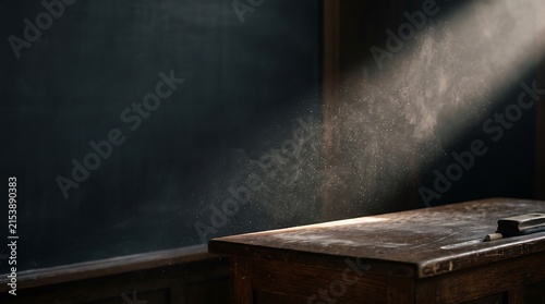 Sunlight beam cutting through dust particles in an empty classroom with a vintage wooden desk and blackboard