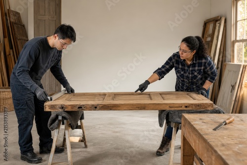 Building Material Salvage Uncluttered Workshop Two Workers Grading