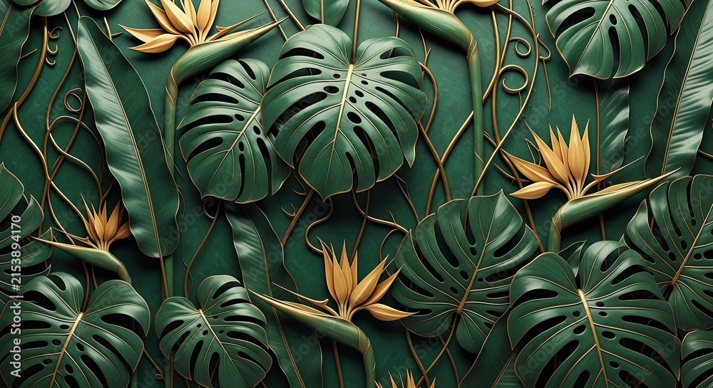 Obraz premium Exotic Tropical Jungle Leaves and Bird of Paradise Flowers with Gold Accents