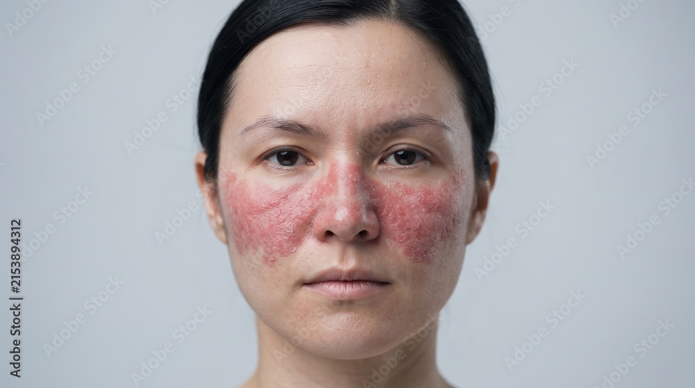 Naklejka premium Close Up of Woman Face with Malar Butterfly Rash Indicative of Lupus SLE