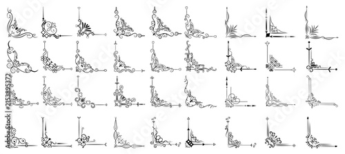 Collection of decorative black flourish corner ornaments with transparent background, vintage