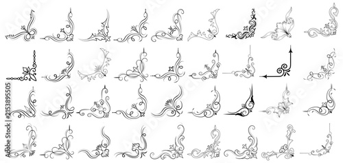 Collection of ornate black decorative corner flourishes with transparent background