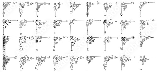 Collection of ornate black decorative corner flourishes with transparent background, vintage