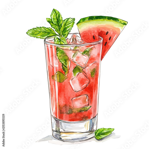 Watermelon Mint Cooler, watercolor illustration featuring playful movement and lively expressions, isolated on a white background.