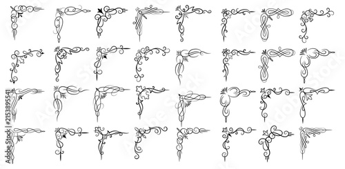 Collection of ornate black decorative corner flourishes with transparent background
