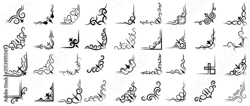 Collection of decorative black flourish corner accents with transparent background, ornate