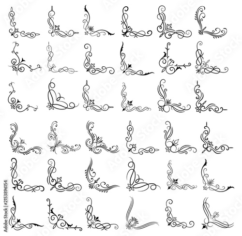 Collection of decorative black flourishes and corner ornaments with transparent background