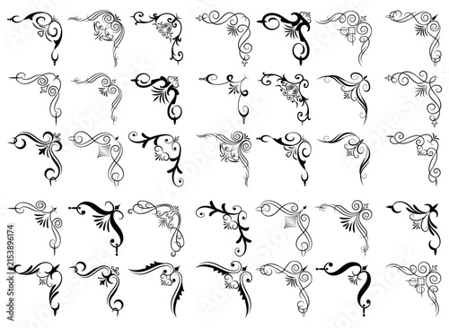 Collection of black ornate decorative corner flourishes with transparent background