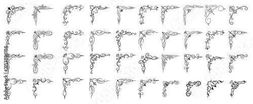 Collection of decorative black flourish corner accents with transparent background, ornate