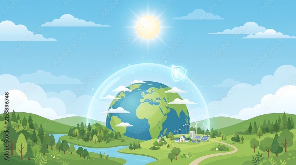 Naklejka premium World Ozone Day Concept – Earth Protected by Ozone Layer with Renewable Energy and Green Landscape